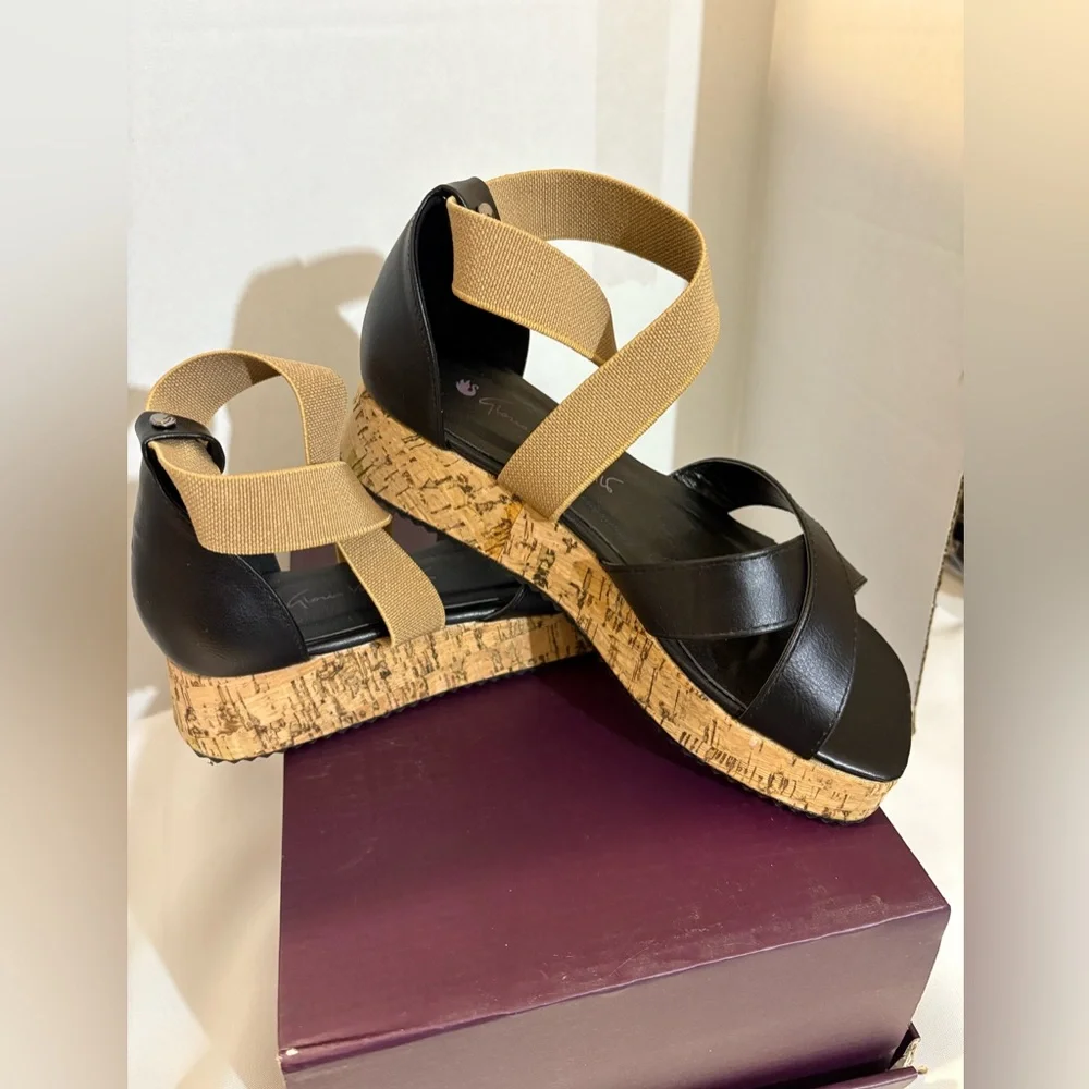 Gloria‎ Vanderbilt Women’s size 6 black wedge cork sandals cross band straps NIB